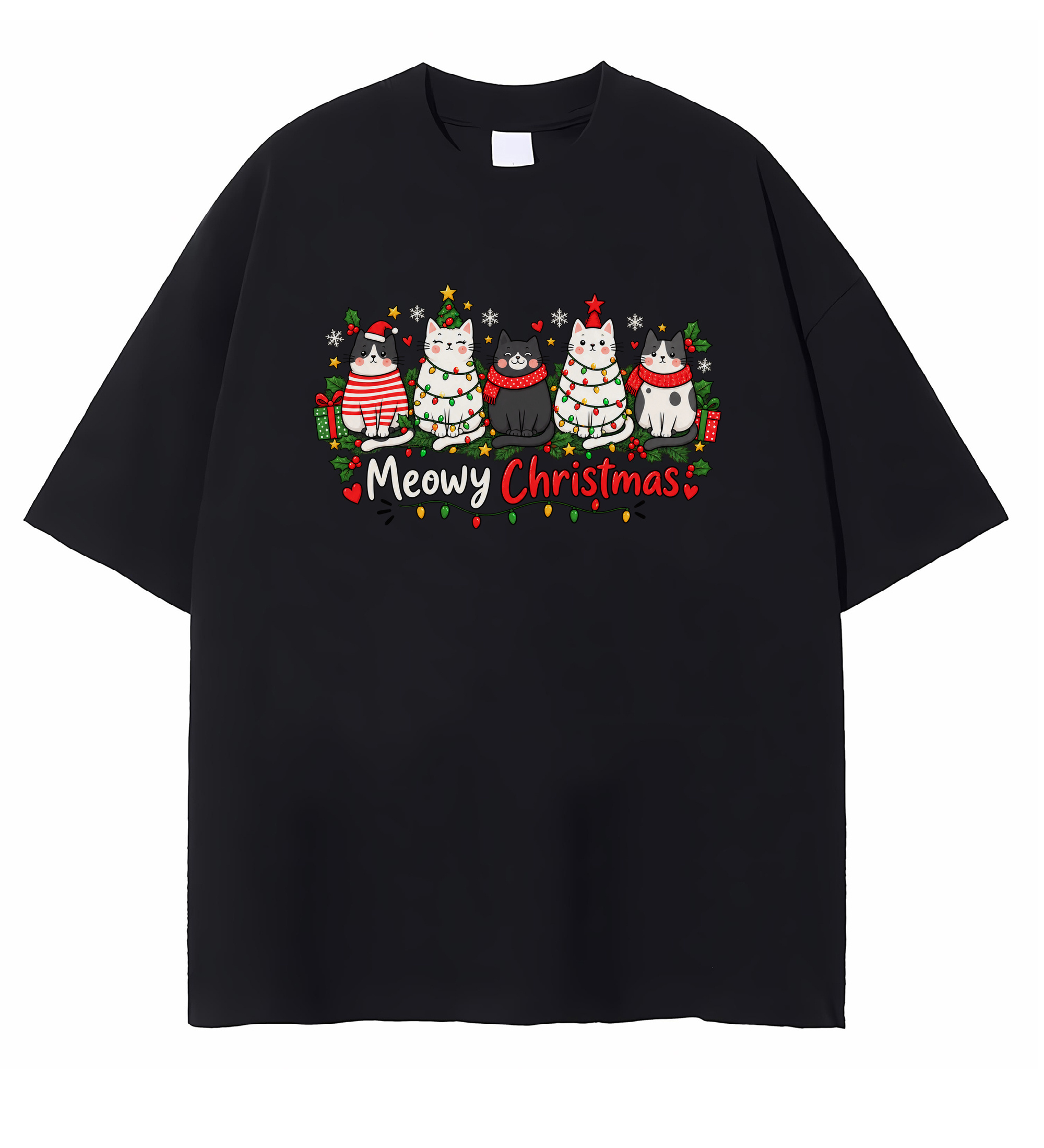 Meowy Christmas T-shirt Cute Cat Christmas Lights Design For Cat Lovers
