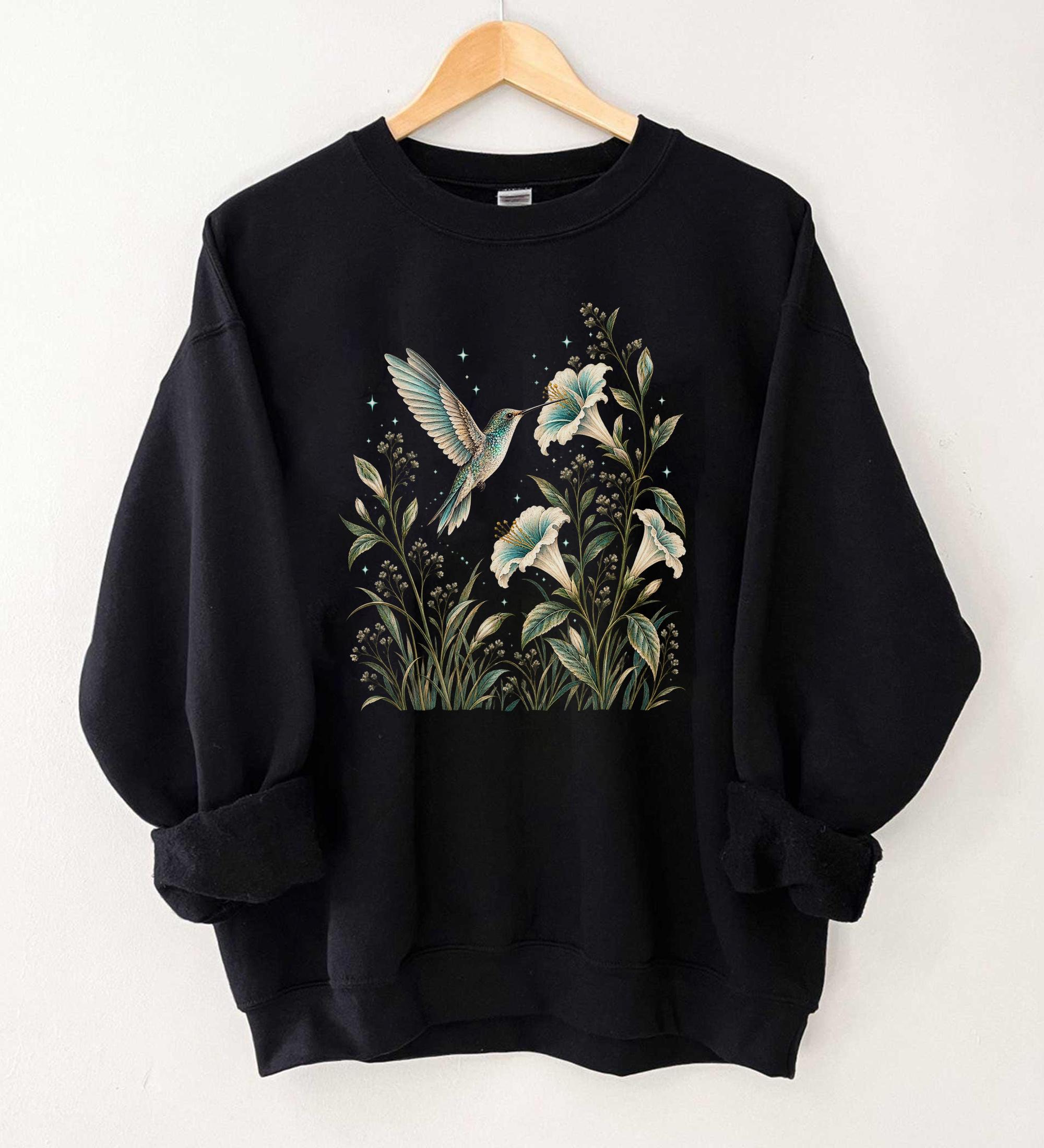 Boho Hummingbird Wildflower Sweatshirt Celestial Botanical Bird Graphic Whimsical Nature Garden Gift