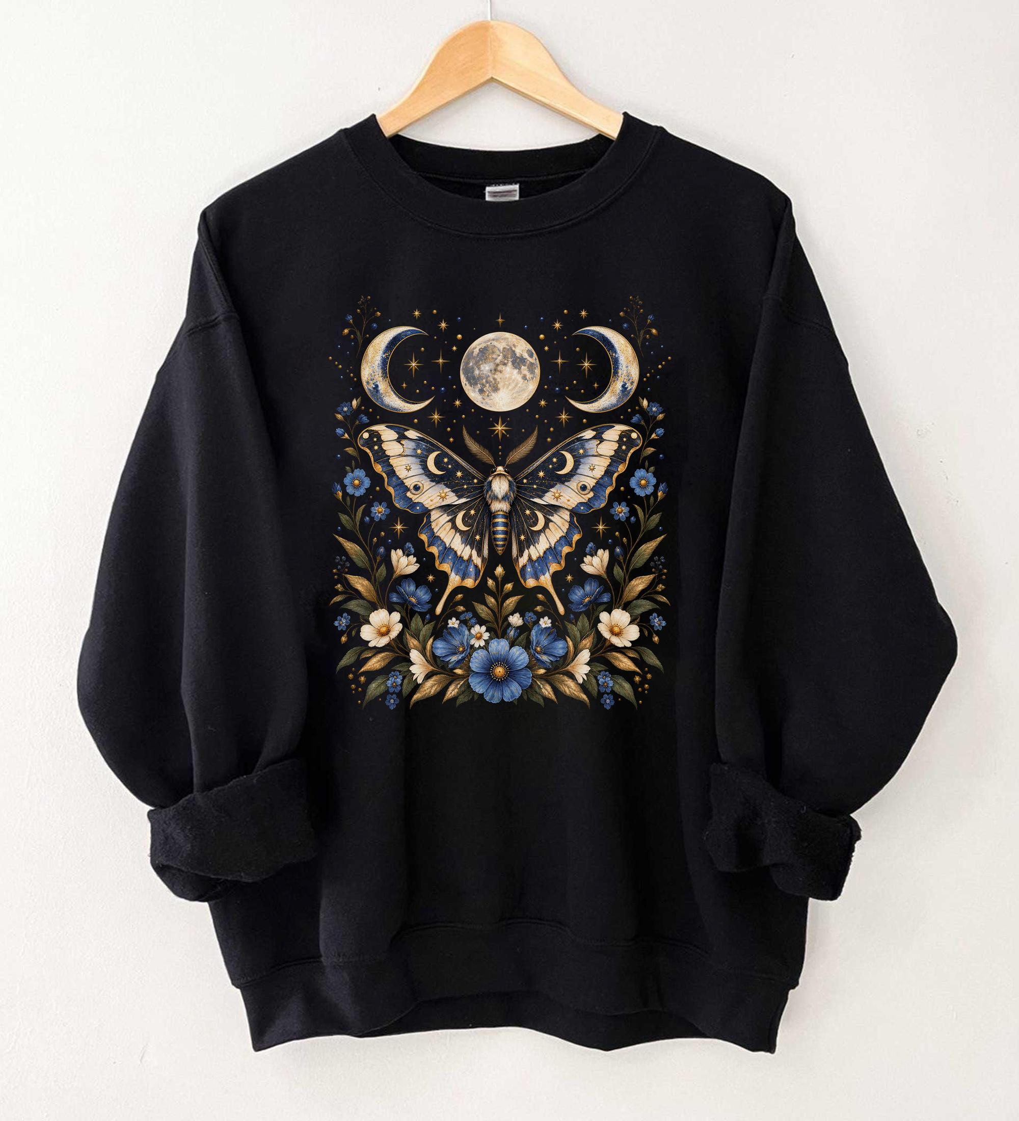 Boho Moon Phase Butterfly Sweatshirt Celestial Moth Wildflower Graphic Witchy Cottagecore Dark Academia Style