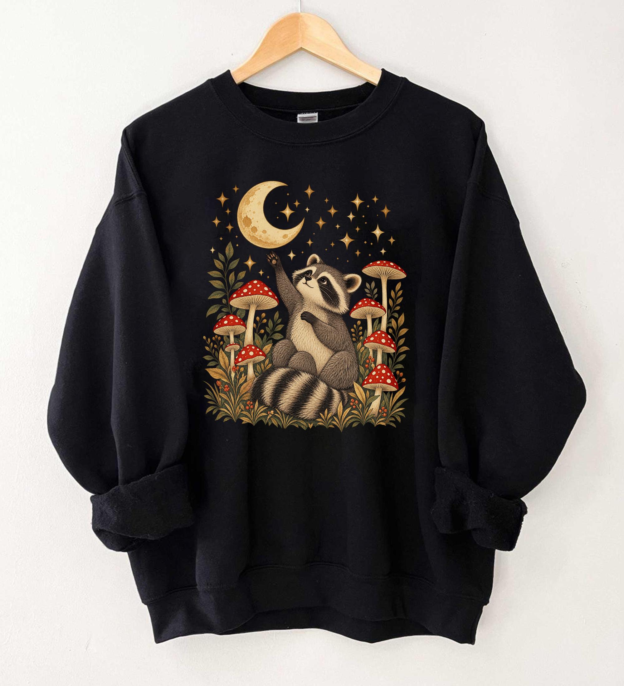 Boho Mushroom Raccoon Sweatshirt Cute Cottagecore Woodland Animal Graphic Floral Moon Stars Hippie Style Gift